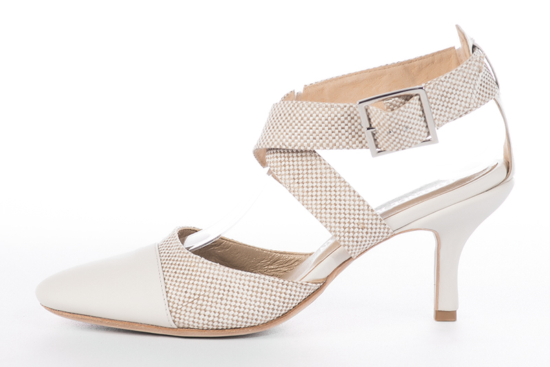 Off white women's open back shoes, with crossed straps. Round toe. High slim heel. Profile view - Florence KOOIJMAN